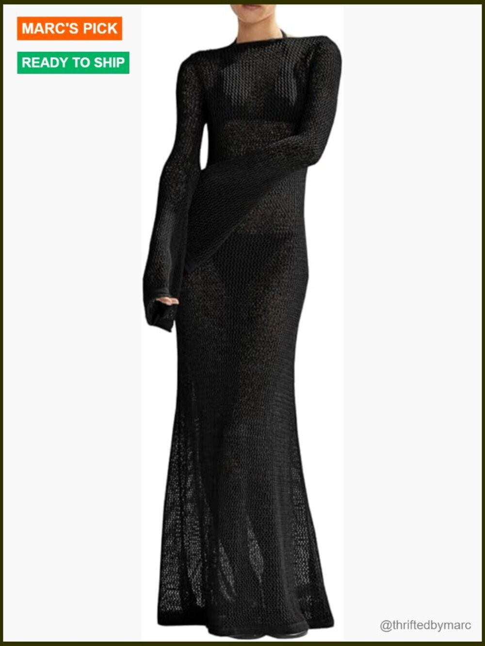 Long Sleeve Mesh Backless Knit Crochet Swimsuit Coverup Maxi Dress